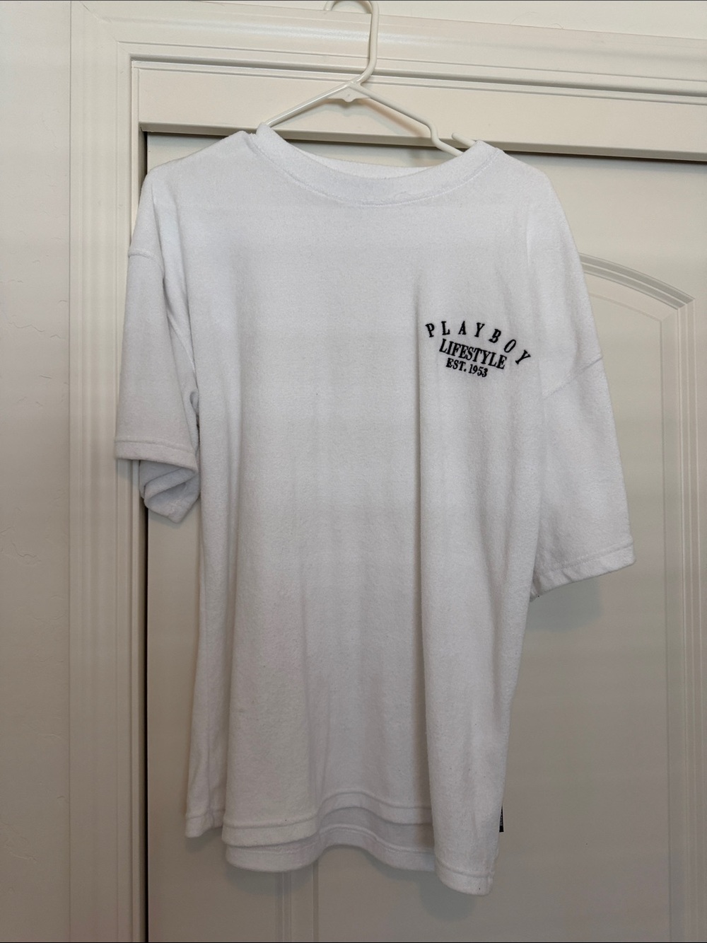 PLAYBOY White Short Sleeve terry cloth shirt. Size 2, runs oversized